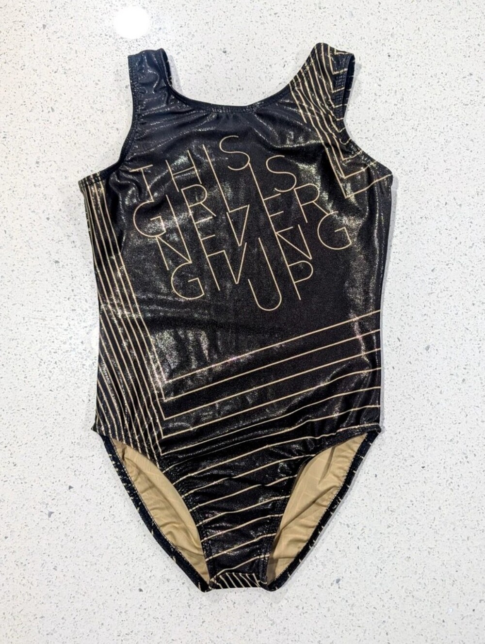 NEVER GIVE UP Destira Gymnastics Dance Leotard Child Large Black Gold MYSTIQUE